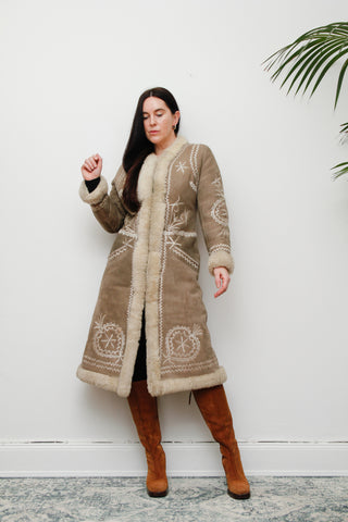 60's Afghan Mongolian Sheepskin Embroidered Maxi Coat