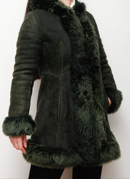 1970's Green Suede Penny Lane Hooded Sheepskin Coat