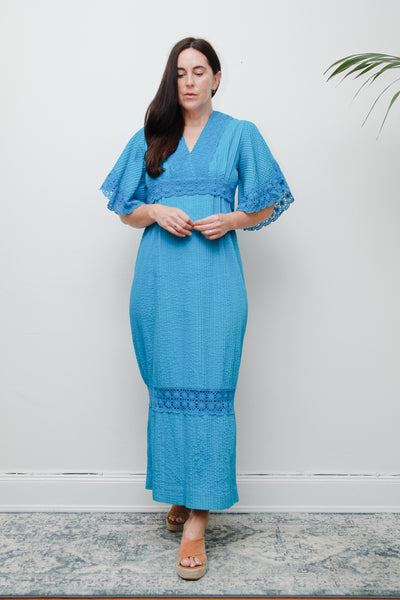 1970's Turquoise Blue Cotton Lace Mexican Wedding Kaftan Dress
