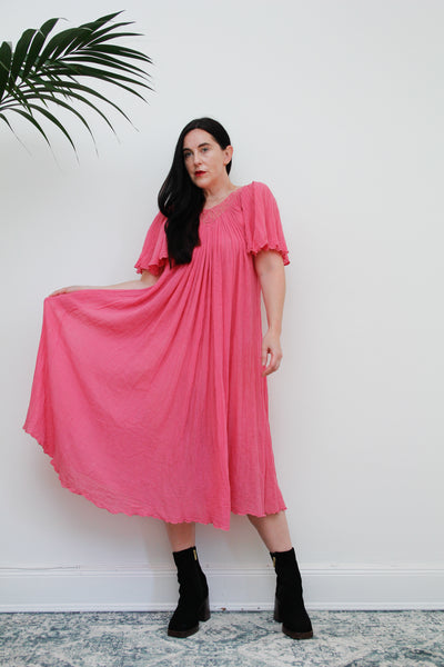 1970's Pink Lace Grecian Cotton Smock Dress