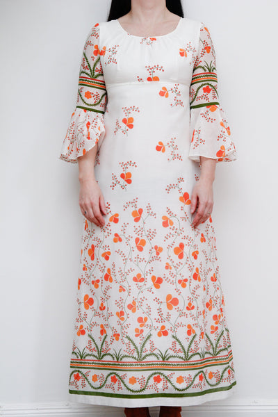 Vintage Floral Cotton Flute Sleeve Maxi Dress 1970's