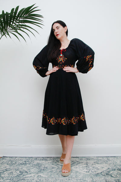 1970's Floral Billowing Sleeves Floral Folklore Dress Rare