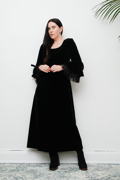 1970's Black Velvet Lace Floral Prairie Flute Sleeve Maxi Dress