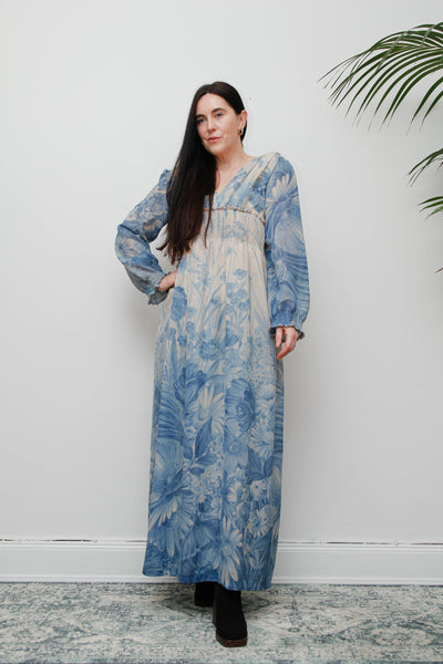 1970's Blue Floral Ethereal Maxi Dress