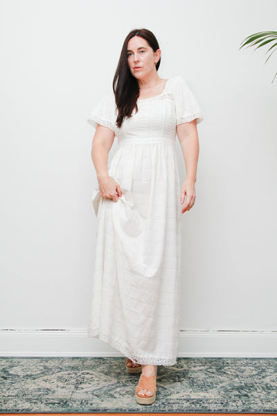 Vintage White Cotton Maxi Dress | Ethereal Lace Boho Dress – Empire Waist Pin-Tuck Summer Gown