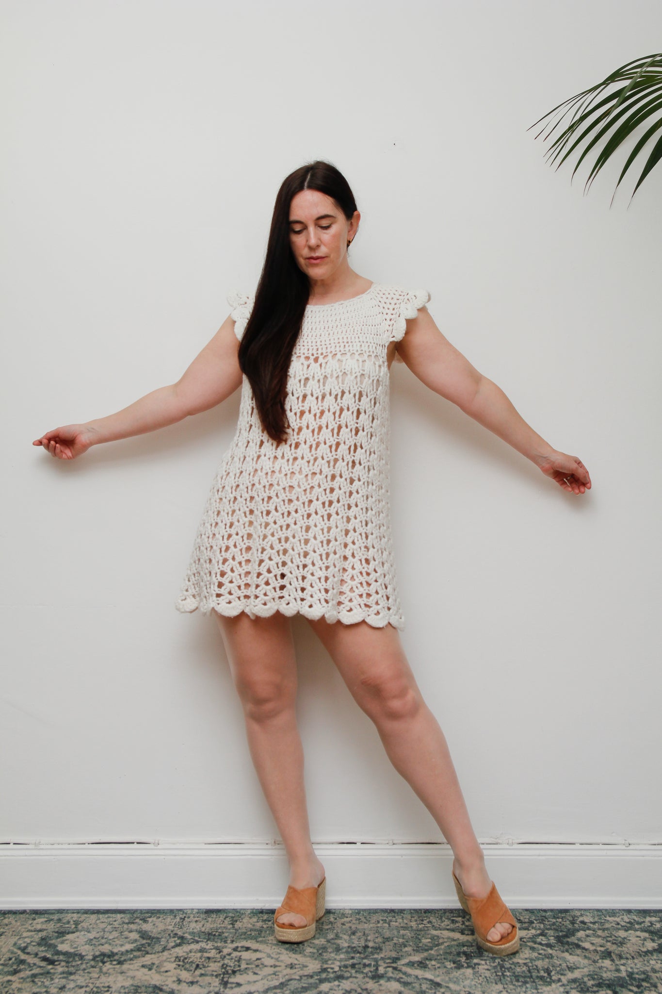 Rare 1960s Hand-Knitted White Wool Crochet Mini Dress
