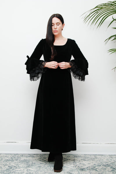 1970's Black Velvet Lace Floral Prairie Flute Sleeve Maxi Dress