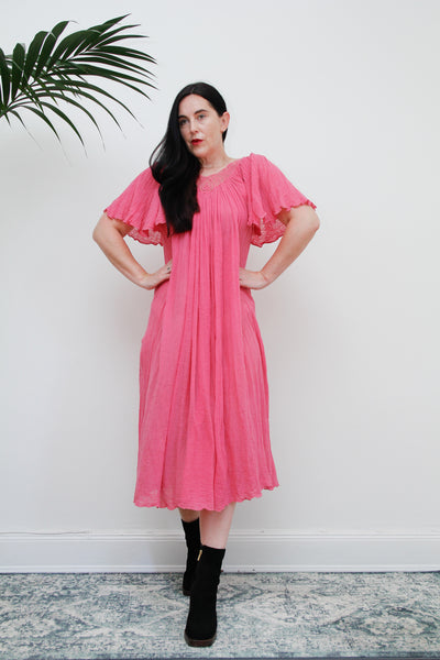 1970's Pink Lace Grecian Cotton Smock Dress