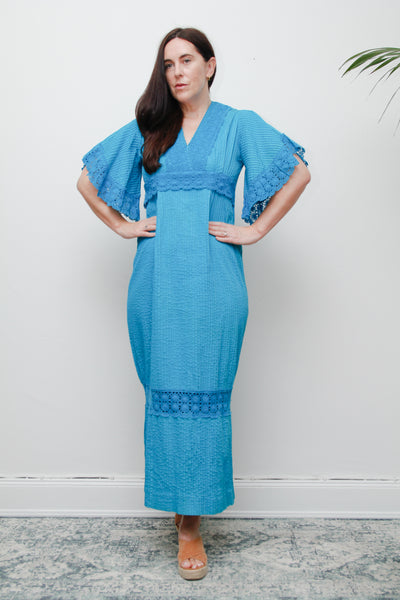 1970's Turquoise Blue Cotton Lace Mexican Wedding Kaftan Dress