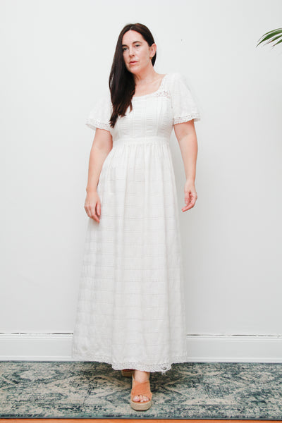 Vintage White Cotton Maxi Dress | Ethereal Lace Boho Dress – Empire Waist Pin-Tuck Summer Gown