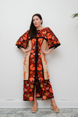 Rare 1970s Vintage Folklore Dress – Floral Cotton Kaftan, Boho Sleeves, Orange & Green Pattern