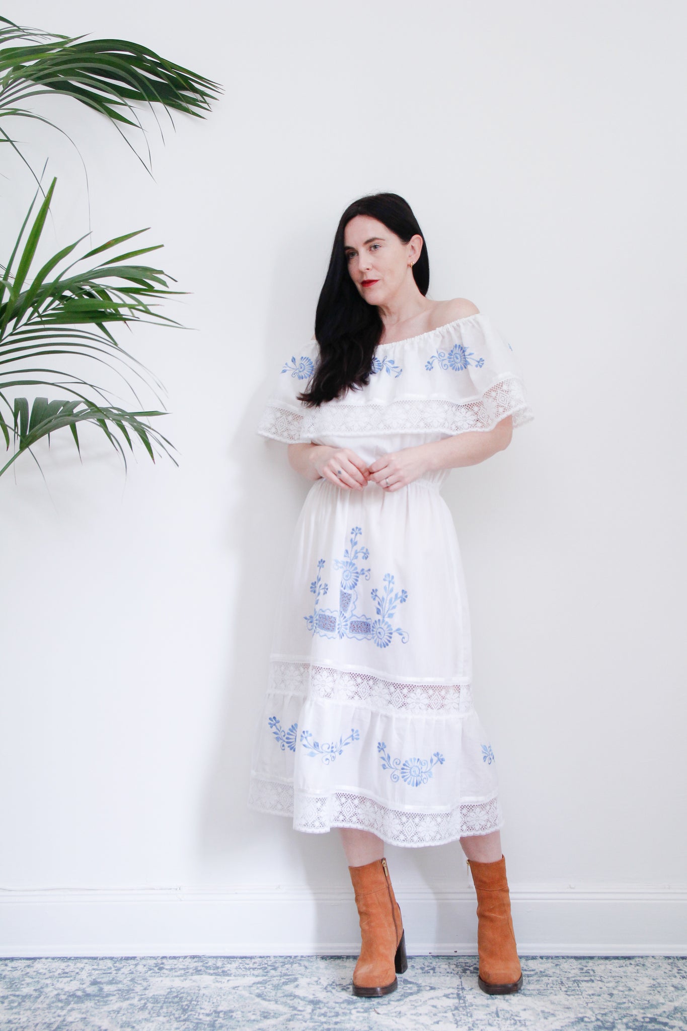 1970's Mexican Folklore Floral Lace Carmen Off The Shoulder Dress