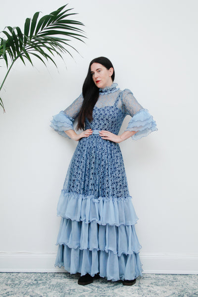 Vintage Floral Lace Blue Frilly Victorian Maxi Dress