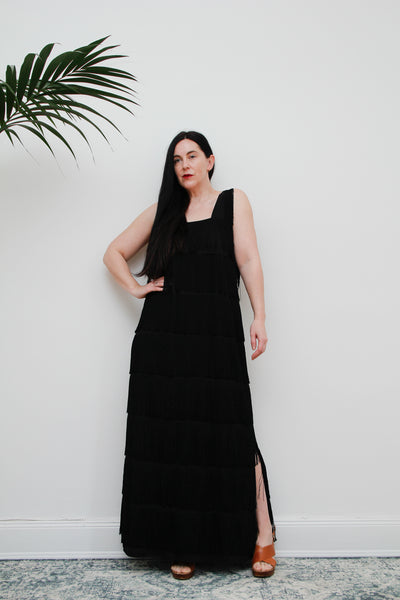 Vintage Fringe Tassel Black Maxi Dress