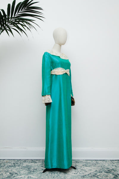 1960's Rare Green Taffeta Lace Victorian Maxi Dress