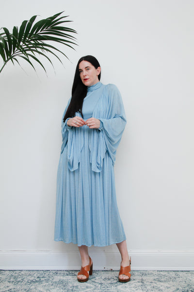 Vintage 1970's Hostess Blue Kaftan Sleeve Maxi Dress