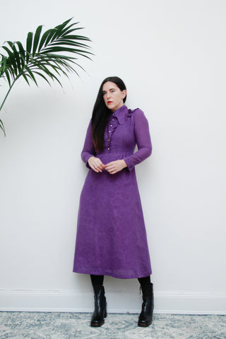 1970's Rare Quad Purple Cotton Dagger Collar Gothic Maxi Dress