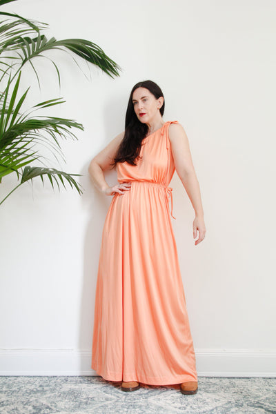 1970's Grecian One Shoulder Peach Maxi Dress