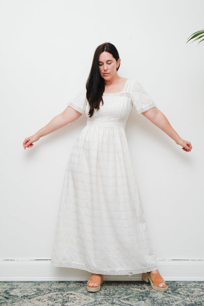 Vintage White Cotton Maxi Dress | Ethereal Lace Boho Dress – Empire Waist Pin-Tuck Summer Gown