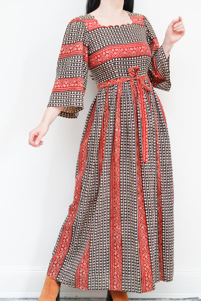 1970's Indian Cotton Block Folklore Maxi Dress Rare