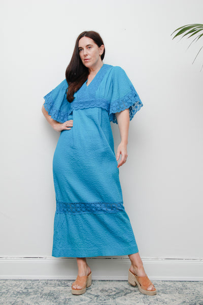 1970's Turquoise Blue Cotton Lace Mexican Wedding Kaftan Dress