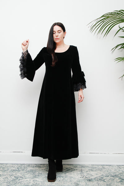 1970's Black Velvet Lace Floral Prairie Flute Sleeve Maxi Dress