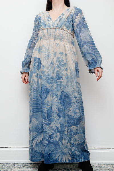 1970's Blue Floral Ethereal Maxi Dress