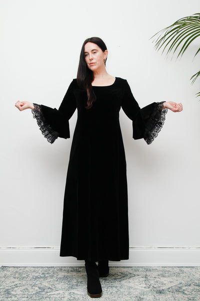 1970's Black Velvet Lace Floral Prairie Flute Sleeve Maxi Dress