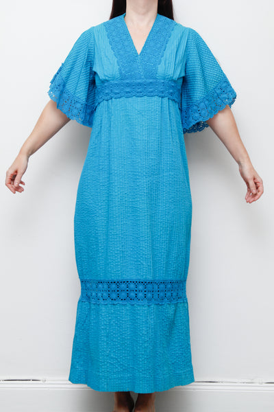 1970's Turquoise Blue Cotton Lace Mexican Wedding Kaftan Dress