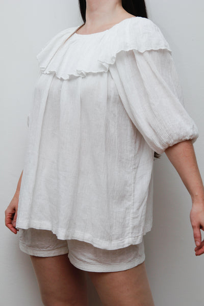 Vintage White Cotton Cheesecloth Tunic Top – Oversized Peter Pan Collar, Billowy Sleeves, 100% Cotton