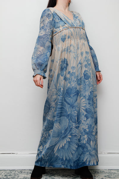 1970's Blue Floral Ethereal Maxi Dress