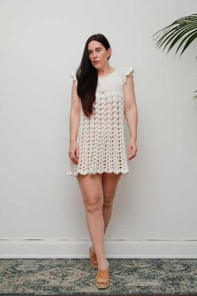 Rare 1960s Hand-Knitted White Wool Crochet Mini Dress