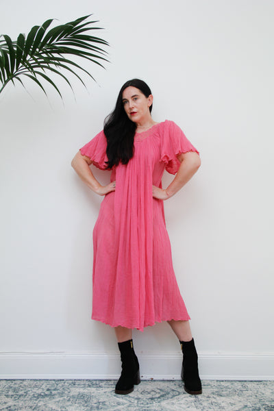 1970's Pink Lace Grecian Cotton Smock Dress