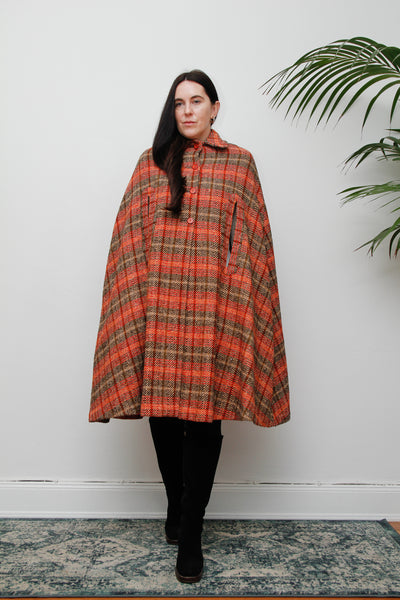 1970's Tartan Checked Wool Dramatic Maxi Cape