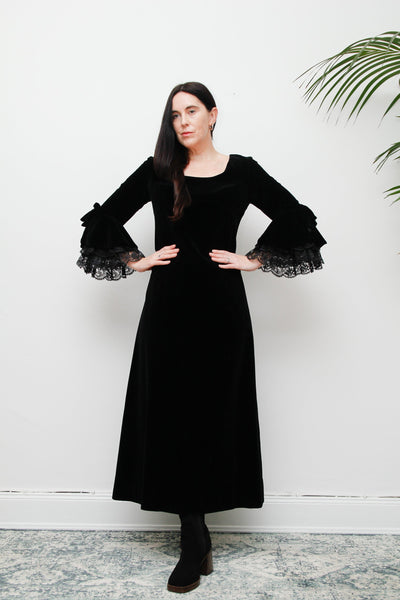 1970's Black Velvet Lace Floral Prairie Flute Sleeve Maxi Dress