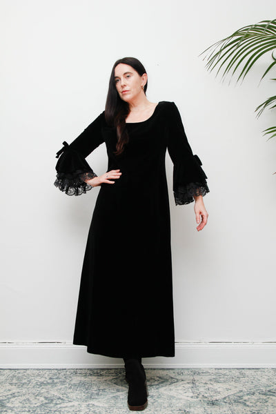 1970's Black Velvet Lace Floral Prairie Flute Sleeve Maxi Dress