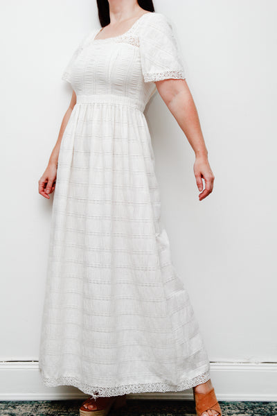 Vintage White Cotton Maxi Dress | Ethereal Lace Boho Dress – Empire Waist Pin-Tuck Summer Gown