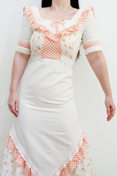 1970's Prairie Cream Cotton Mxi Dress