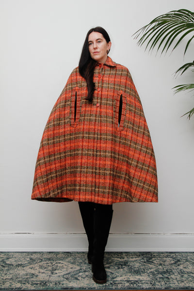 1970's Tartan Checked Wool Dramatic Maxi Cape