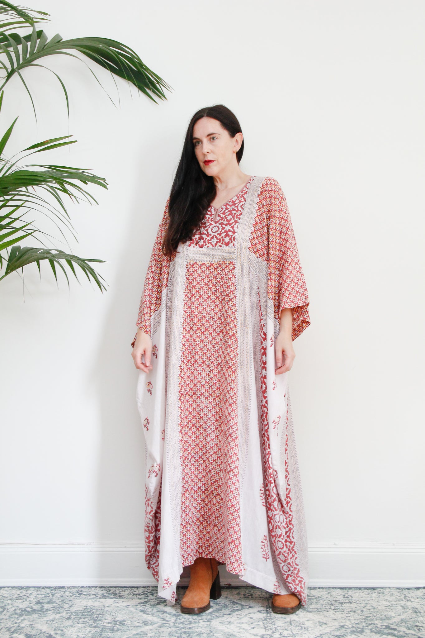 1970's Indian Cotton Block Fabric Kaftan Maxi Dress