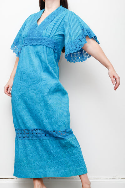 1970's Turquoise Blue Cotton Lace Mexican Wedding Kaftan Dress
