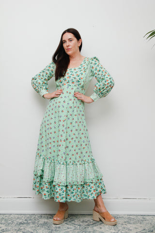 Rare Vintage Prairie Dress – Mint Green Floral Boho Style, Gunne Sax / Laura Ashley Vibes, 100% Cotton