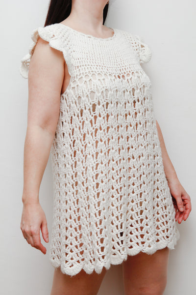 Rare 1960s Hand-Knitted White Wool Crochet Mini Dress