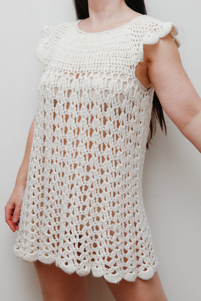 Rare 1960s Hand-Knitted White Wool Crochet Mini Dress
