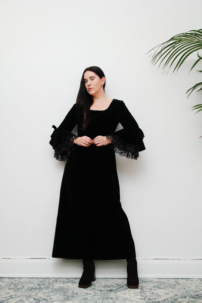 1970's Black Velvet Lace Floral Prairie Flute Sleeve Maxi Dress