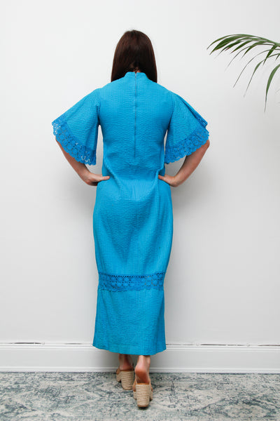 1970's Turquoise Blue Cotton Lace Mexican Wedding Kaftan Dress