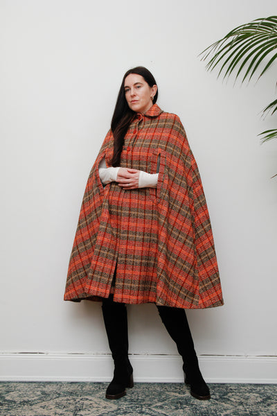 1970's Tartan Checked Wool Dramatic Maxi Cape