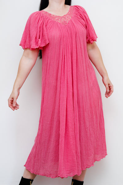 1970's Pink Lace Grecian Cotton Smock Dress