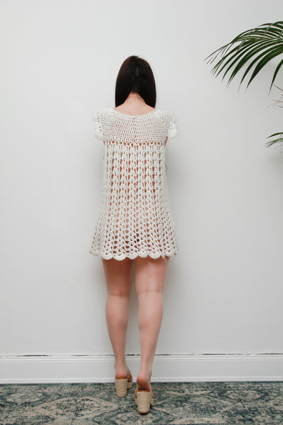 Rare 1960s Hand-Knitted White Wool Crochet Mini Dress