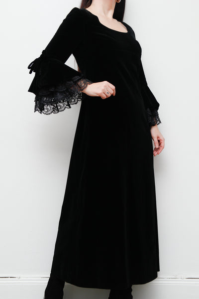 1970's Black Velvet Lace Floral Prairie Flute Sleeve Maxi Dress